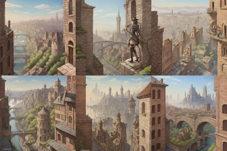 slope, ancient sprawling metropolis, overhanging stone and brick buildings, steampunk, eastern, bridges, art by Stephanie Law
