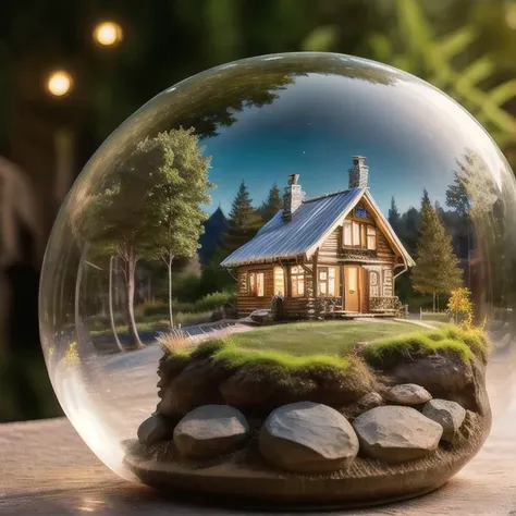 mini house, landscape, old fashion, nature, night light, a bubble, in the bubble, high detailed, masterpiece, best quality, <lora:Bubble_Sora:0.4>, (masterpiece,best quality:1.5)