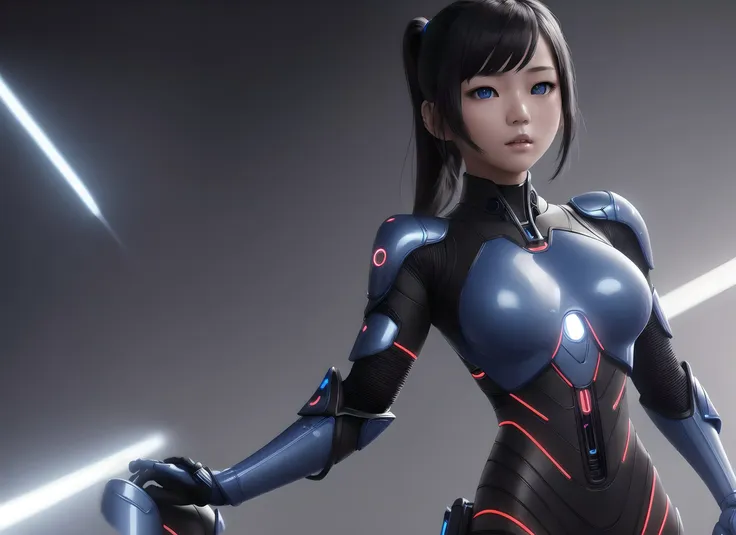 (((Asian young girl))), perfect symmetrical body, realistic blue eyes, ((full body shot)), inflateble shapes, veins, color biomechanical suit, masterpiece, 8k, elegant, smooth, intricate, vogue, highly detailed, artstation, cyberpunk, octane render, portraits