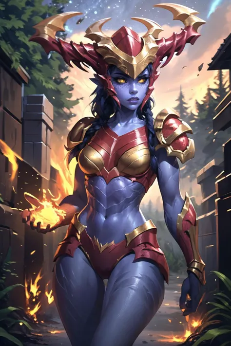 (best quality), 1girl, solo, Shyvana, dragon girl, freckles, facial mark, pointy ears, yellow eyes, colored sclera, slit pupils, colored skin, (purple skin:1.2), twin braids, low ponytail, long hair, black hair, <lora:Shyvana_V1-Manityro-dadapt:1.0>, toned, abs, looking at viewer, serious, outdoors, (forest:1.1), dark, evening, starry sky, fire, Shyarmor, dragon horns, helmet, shoulder armor, breastplate, midriff, hip armor, bare thighs