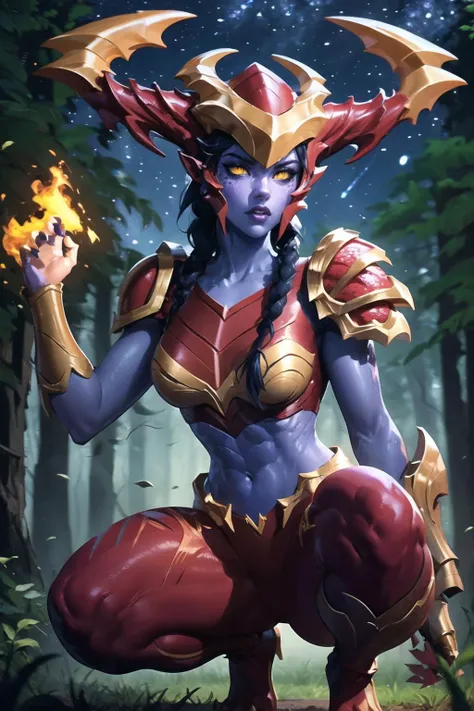 (best quality), 1girl, solo, Shyvana, dragon girl, facial mark, pointy ears, yellow eyes, colored sclera, slit pupils, colored skin, (purple skin:1.2), twin braids, low ponytail, long hair, black hair, <lora:Shyvana_V1-Manityro-dadapt:1.0>, toned, abs, looking at viewer, serious, outdoors, (forest:1.1), dark, evening, starry sky, fire, Shyarmor, dragon horns, helmet, shoulder armor, breastplate, midriff, hip armor, red leggings, fighting stance, claws, crouched