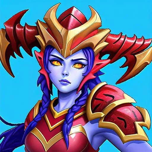 Shyvana, a League of Legends character wearing red and yellow armor , is posing for a photo against a solid blue background