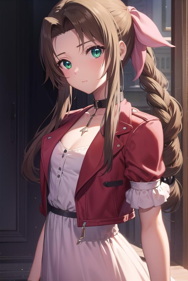 A woman in a red jacket and white dress standing in front of a door ...