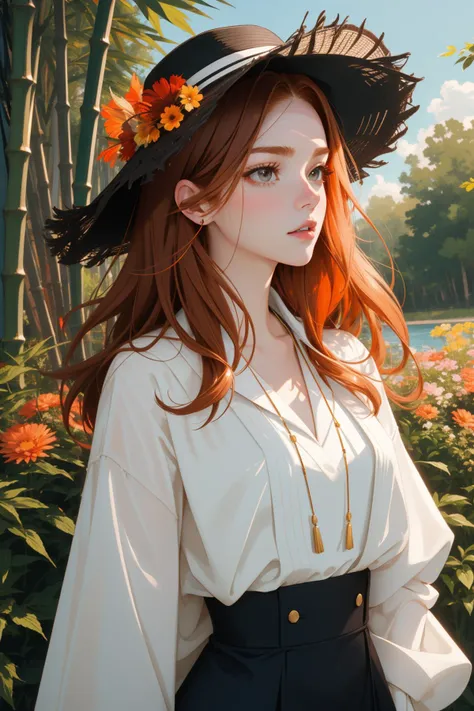 tv_Emma_Sullivan_MXAI, (designed by Carl Eugen Keel:1.1) and (William Stout:1.2) and (Raphael Lacoste:0.7) , professional Fractal, majestic, overhead angle of a broad-shouldered Meiji Era ([Fa'afetai:Daiki:4]:1.3) , the Man is very Lovely and Fierce, - Salamander hybrid, he is feeling very envious as a Muse, the Muse has mouth of cute and eyes of exquisite, the Muse is wearing his Gentle [Top hat|Sweater and pencil skirt], The Bucket hat is deep orange and is made of Bamboo, he has Brunette hairstyle, he has a Mean [Aborigine:Burlesque:12] Rust Brooch, Flower in hair, lush flowers with Sycamore, Sunny, shallow depth of field, Sketched, Dark and Gritty, Knightcore, Bloom light, 800mm lens, Fujifilm Superia, Orton effect, MOBA style, detailed skin, pale skin, Unsplash, professional, sci-fi, burly