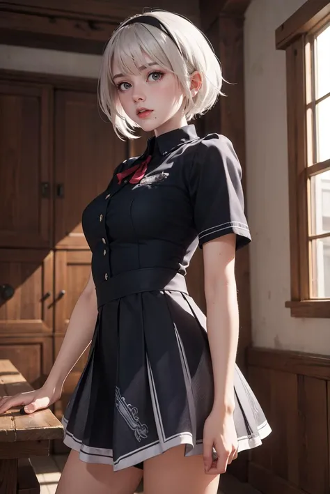 masterpiece,best quality,highres,1girl,solo,<lora:y2b_v2-1:0.7>,hm2b,mole under mouth,a certain high school uniform,short sleeves,school,cowboy shot,