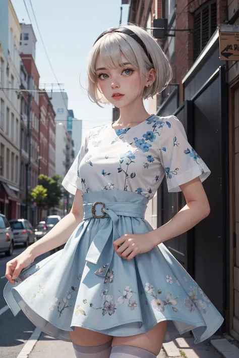 masterpiece,best quality,highres,1girl,solo,<lora:y2b_v2-1:0.7>,hm2b,mole under mouth,light blue short-sleeved shirt,white dress,light blue waist belt,small floral prints,white stockings,cowboy shot,city,
