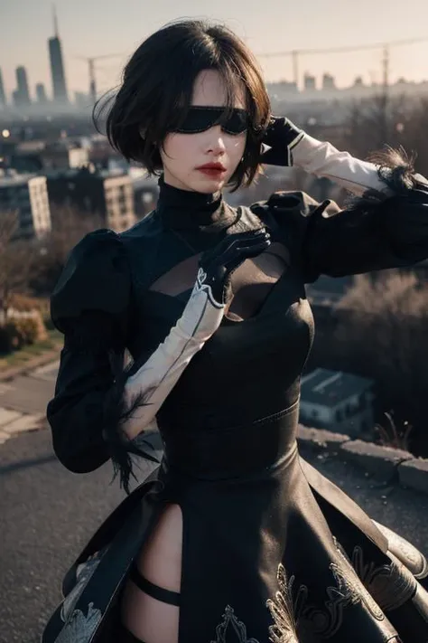 ((wallpaper 8k)), ((high detailed)), ((masterpiece)), ((best quality:1.2)), ((hdr)), ((absurdres)), portrait, upper body, hm2b, black blindfold, covered eyes, mole under mouth, clothing cutout, long sleeves, puffy sleeves, juliet sleeves, feather trim, black thighhighs, black gloves, black dress, black skirt, city in ruin background, <lora:y2b_v2-1:1>