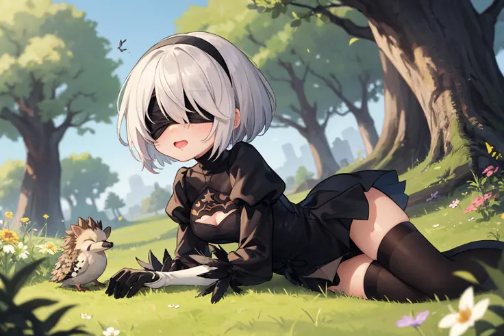 chibi, <lora:y2b_v2-1:0.7> hm2b, black blindfold, covered eyes, mole under mouth, clothing cutout, long sleeves, puffy sleeves, juliet sleeves, feather trim, black thighhighs, black gloves, black dress, black skirt, puffy cheeks, outside, bumblebee, trees, flowers, in a park, on the ground, surprised, happy, butterfly, birds, (((hedgehog)))