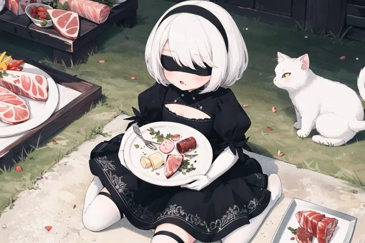 chibi, 1girl, <lora:y2b_v2-1:0.7> hm2b, black blindfold, covered eyes, mole under mouth, clothing cutout, long sleeves, puffy sleeves, juliet sleeves, feather trim, black thighhighs, black gloves, black dress, black skirt, eating ham, meat platter, on the floor, sitting BREAK white & black cat, ((fat cat)),
