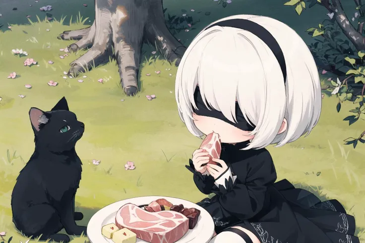 chibi, 1girl, cat, <lora:y2b_v2-1:0.7> hm2b, black blindfold, covered eyes, mole under mouth, clothing cutout, long sleeves, puffy sleeves, juliet sleeves, feather trim, black thighhighs, black gloves, black dress, black skirt, white & black cat, animal, eating ham with a cat, meat platter, sitting down, on the floor