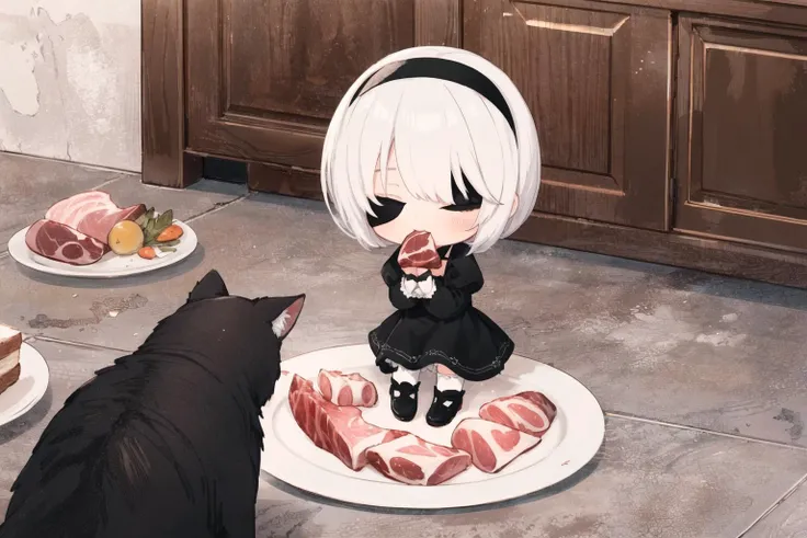 chibi, 1girl, cat, <lora:y2b_v2-1:0.7> hm2b, black blindfold, covered eyes, mole under mouth, clothing cutout, long sleeves, puffy sleeves, juliet sleeves, feather trim, black thighhighs, black gloves, black dress, black skirt, white & black cat, animal, eating ham with a cat, meat platter, sitting down, on the floor