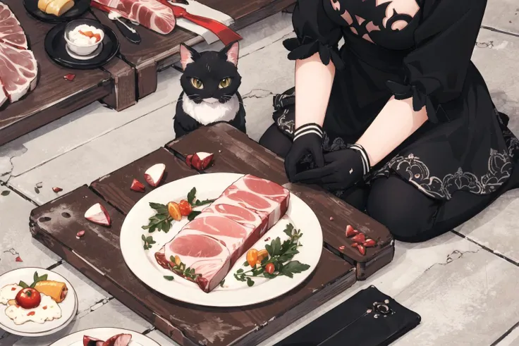 chibi, 1girl, <lora:y2b_v2-1:0.7> hm2b, black blindfold, covered eyes, mole under mouth, clothing cutout, long sleeves, puffy sleeves, juliet sleeves, feather trim, black thighhighs, black gloves, black dress, black skirt, eating cooked ham, meat platter, on the floor, sitting BREAK white & black cat, ((fat cat)),