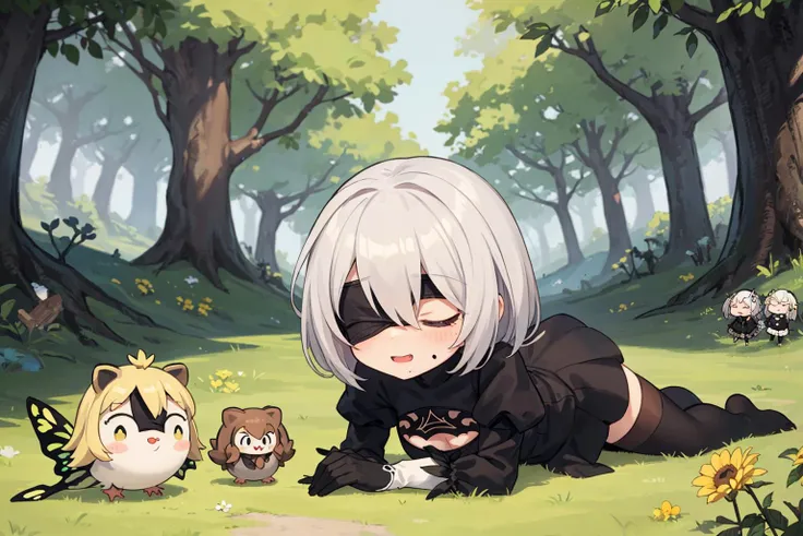 chibi, <lora:y2b_v2-1:0.7> hm2b, black blindfold, covered eyes, mole under mouth, clothing cutout, long sleeves, puffy sleeves, juliet sleeves, feather trim, black thighhighs, black gloves, black dress, black skirt, puffy cheeks, outside, bumblebee, trees, flowers, in a park, on the ground, surprised, happy, butterfly, birds, (((hedgehog)))