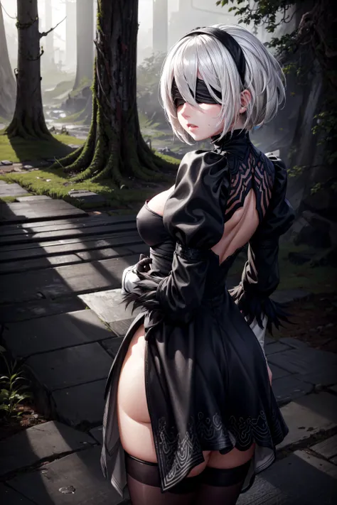 masterpiece,high quality,best quality,4k,super detailed,4k,focus sharp,yorha 2b,1girl, from behind,fit,ass,white hair, blindfold,forest background,(hands on waist), good hand,good finger,good face,<lora:2b_v10:1>, <lora:add_detail:0.7>