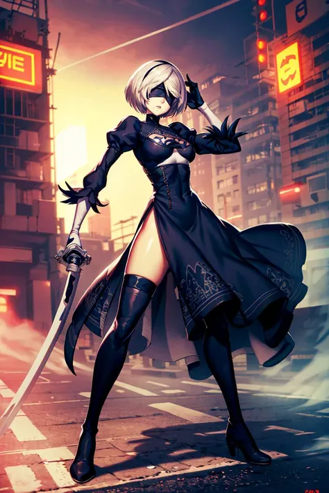 <lora:Genzoman_Style_Dim64:0.6>, , ((masterpiece,best quality)), absurdres, hm2b, black blindfold, covered eyes, mole under mouth, clothing cutout, long sleeves, puffy sleeves, juliet sleeves, feather trim, black thighhighs, black gloves, black dress, black skirt, thigh boots, <lora:y2b_v2-1:0.7>, holding weapon, katana, night, cyberpunk,