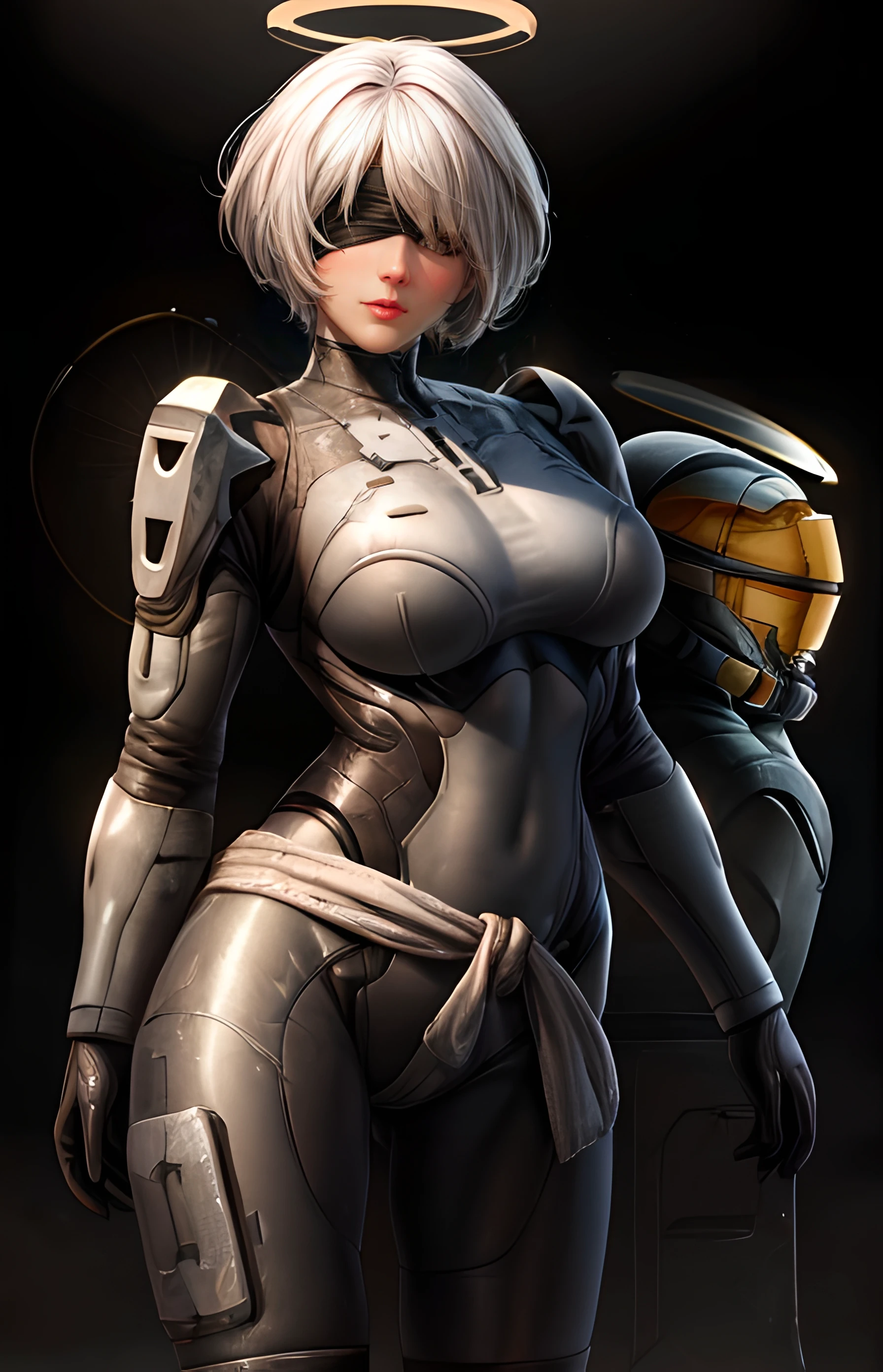 masterpiece, best quality, high res, best quality, the greatest details, 8k, UHD, HD, 1girl, realistic, side lighting, wallpaper,
<lora:edgHalo:1>, <lora:y2b_v2-1:0.7>, <lora:add_detail:1>, <lora:easynegative:1>,
(Photo up to the waist, up to the waist:1.2), (black blindfold:1.2) hm2b, White hair, Short hair, (edge Halo:1.2), (power armor:1.5), armor, Closed mouth, slight smile,
beautiful brown eyes, Gorgeous lips, large breasts, big breasts, mature female,