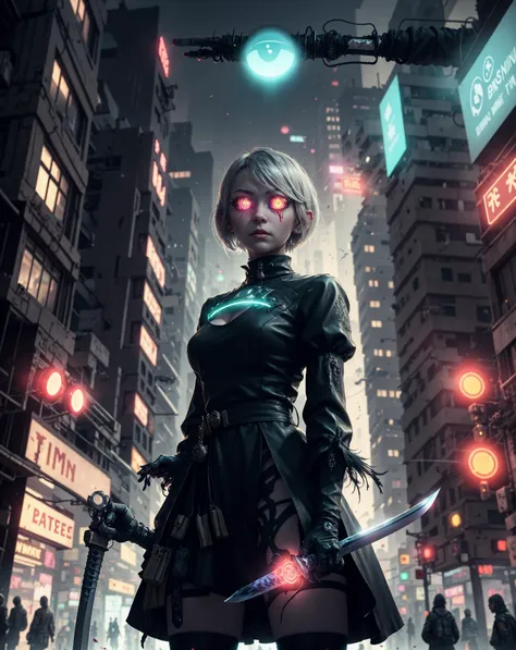 <lora:y2b_v2-1:0.6> hm2b, ((((glowing eyes)))), mole under mouth, clothing cutout, long sleeves, puffy sleeves, juliet sleeves, feather trim, black thighhighs, black gloves, black dress, black skirt, dystopian city, cyberpunk style, ((holding katana sword)), ((blood)), robotic, neon lights, science fiction, futuristic, <lora:CyberpunkStyleV3:0.8>, intricate detail, masterpiece, crowd, dark alleyway