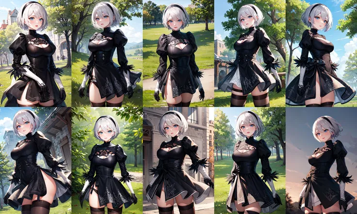 masterpiece, best quality, highres, hm2b, blue eyes, mole under mouth, clothing cutout, long sleeves, puffy sleeves, juliet sleeves, feather trim, black thighhighs, black gloves, black dress, black skirt, <lora:y2b_v2-1:0.7>, cowboy shot, standing, outdoors