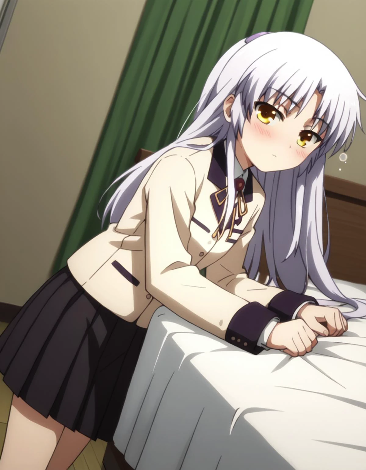 score_9, score_8_up, score_7_up, source_anime,
kanadetachibana, <lora:kanade-tachibana-s1-ponyxl-lora-nochekaiser:1>,
kanade tachibana, long hair, white hair, yellow eyes,
skirt, school uniform, jacket, blazer, skirt, black skirt, pleated skirt, long sleeves,
indoors, bed, bed room, on side, blush, drunk,
looking at viewer, solo, cowboy shot, dutch angle,
