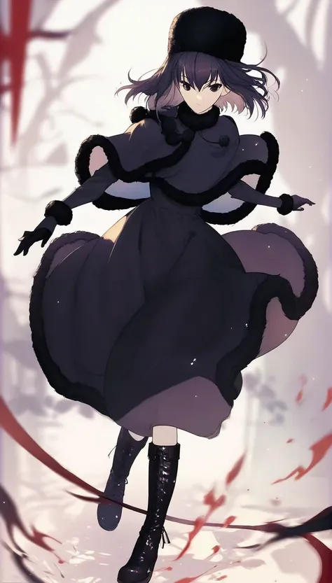 <lora:PONY_character_kuonji_alice-000011:1>,kuonji_alice,hat,dress,capelet,fur_trim,gloves,fur-trimmed_capelet,black_dress,fur_hat,boots,looking_at_viewer,black_capelet,black_gloves,black_headwear,fur-trimmed_headwear,long_sleeves,, score_9, score_8_up, score_7_up, score_6_up, score_5_up, score_4_up