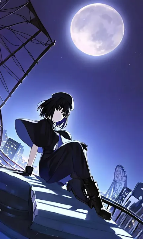 <lora:SDXL_AWD_character_kuonji_alice:1>,kuonji_alice,1girl,hat,solo,dress,moon,black_dress,gloves,black_gloves,capelet,boots,full_moon,night,looking_at_viewer,sky,ferris_wheel,sitting,monster,, perspective,lighting and shadow,beautiful color,detailed,amazing quality,cityscape