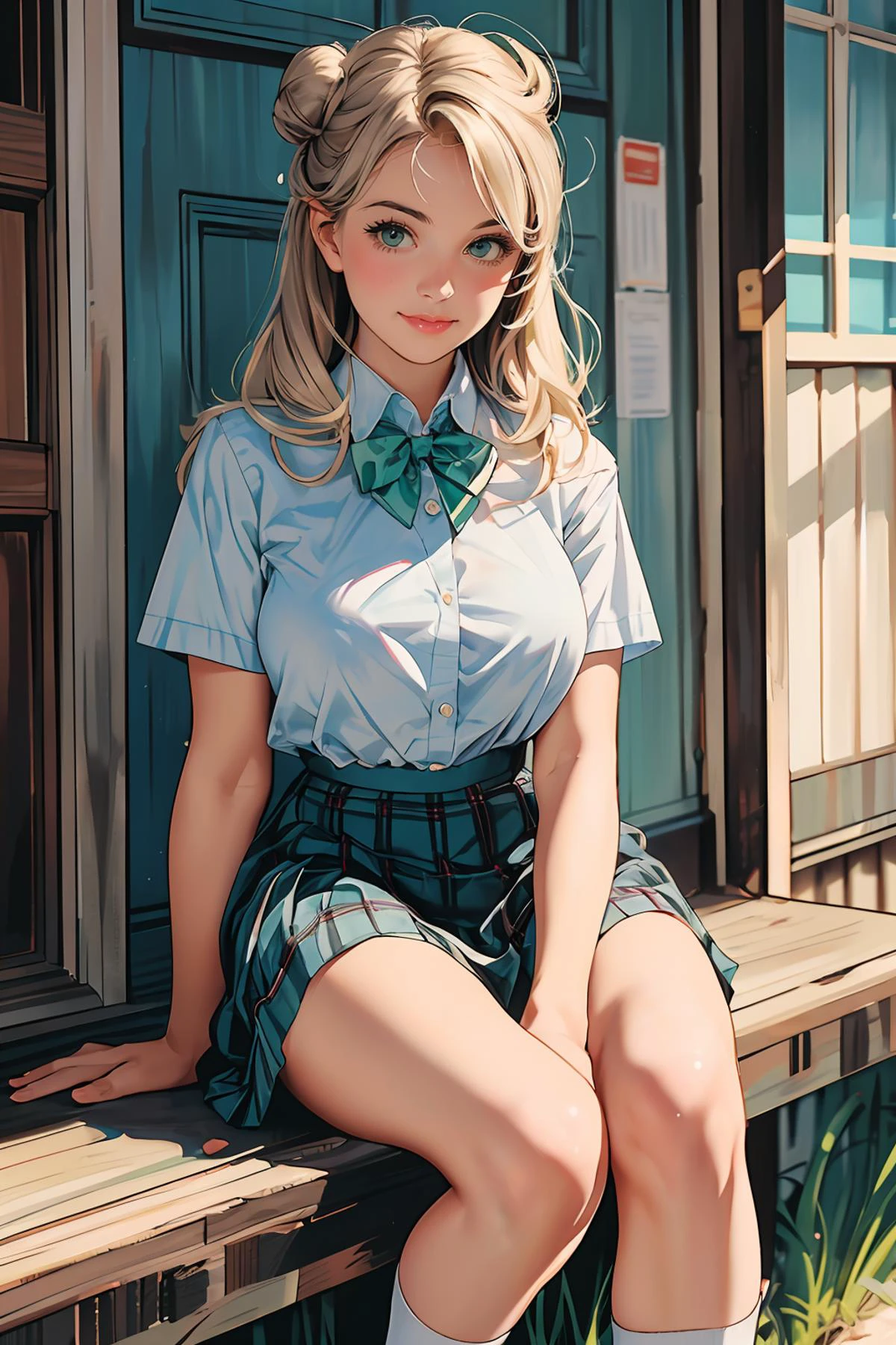 8k high quality detailed,highres,anime,comic,detailed image,
(an illustration of a age girl posing,(an illustration of girl,teengirl)),(magazine_illustration),(, style of Gil Elvgren),
(, nonomi,1girl,long hair,blonde|gray hair,id card,single hair bun,large breasts),(Innocent Smile),detailed_face,
((surfing,bottom turn):0.8),
((, suwwer_schooluniform,bow, school uniform, white shirt, short sleeves, pleated skirt, collared shirt, black footwear, plaid, plaid skirt, white socks, loafers, shirt tucked in, green bowtie):0.85),(,realistic clothing texture,realistic_skin_texture),<lora:tbh149-:0.6>,<lora:izayoiNonomiV1:0.7>,<lora:summer_schooluniform:0.45>,<lora:more_details:0.2>