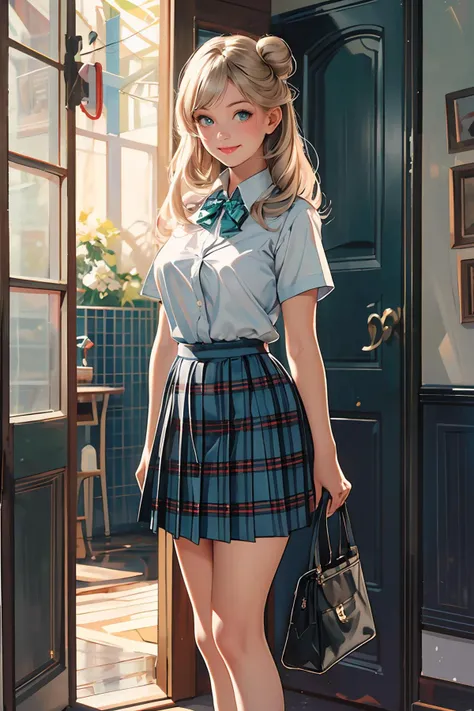 8k high quality detailed,highres,anime,comic,detailed image,
(an illustration of a teenage girl posing,(an illustration of girl,teenage girl)),(magazine_illustration),(, style of Gil Elvgren),
(, nonomi,1girl,long hair,blonde|gray hair,id card,single hair bun,large breasts),(Evil Smile),detailed_face,
((standing on shoulder):0.8),
((, suwwer_schooluniform,bow, school uniform, white shirt, short sleeves, pleated skirt, collared shirt, black footwear, plaid, plaid skirt, white socks, loafers, shirt tucked in, green bowtie):0.85),(,realistic clothing texture,realistic_skin_texture),<lora:tbh149-:0.6>,<lora:izayoiNonomiV1:0.7>,<lora:summer_schooluniform:0.45>,<lora:more_details:0.2>