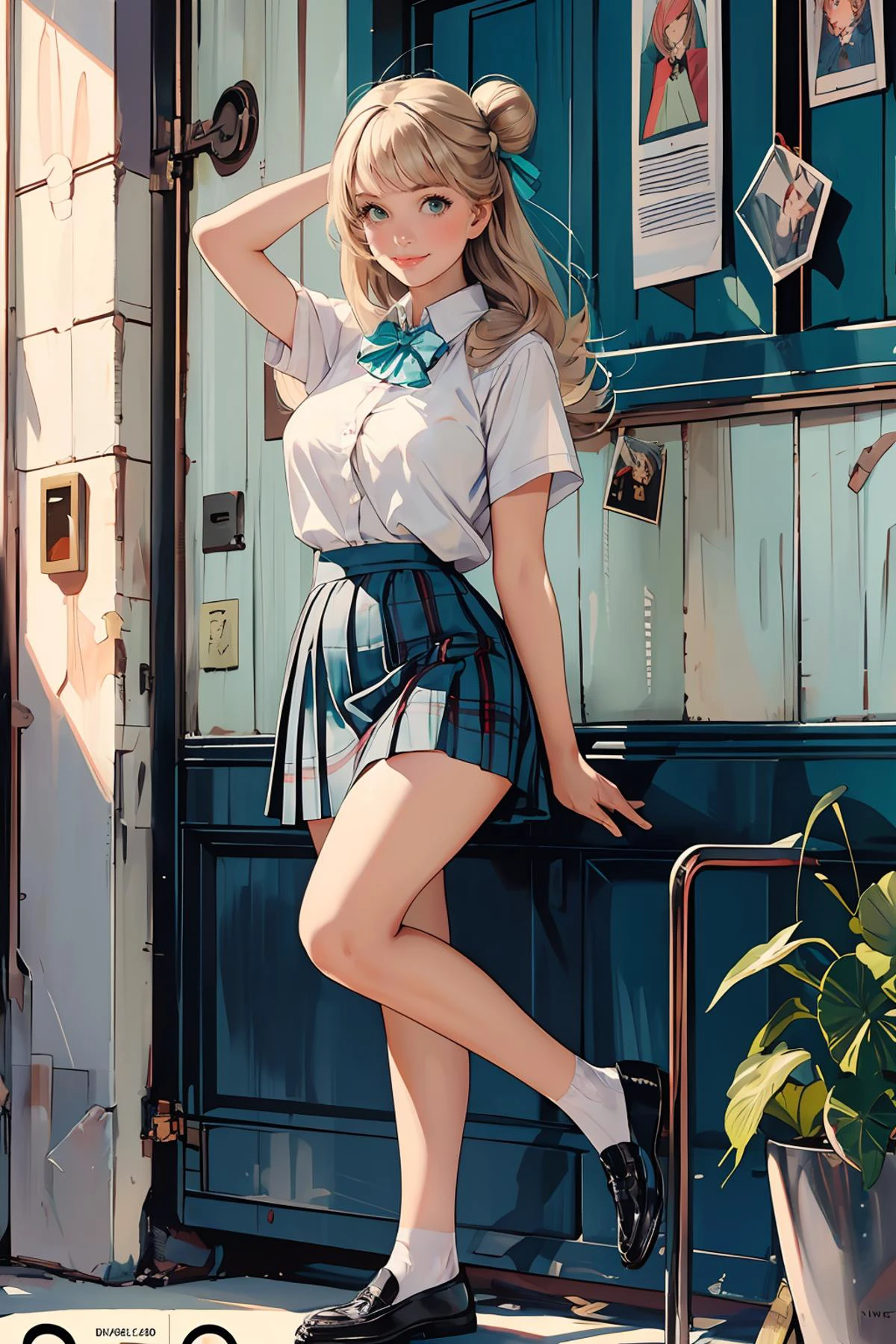 8k high quality detailed,highres,anime,comic,detailed image,
(an illustration of a age girl posing,(an illustration of girl,teengirl)),(magazine_illustration),(, style of Gil Elvgren),
(, nonomi,1girl,long hair,blonde|gray hair,id card,single hair bun,large breasts),(Cheerful Smile),detailed_face,
((arms_up):0.8),
((, suwwer_schooluniform,bow, school uniform, white shirt, short sleeves, pleated skirt, collared shirt, black footwear, plaid, plaid skirt, white socks, loafers, shirt tucked in, green bowtie):0.85),(,realistic clothing texture,realistic_skin_texture),<lora:tbh149-:0.6>,<lora:izayoiNonomiV1:0.7>,<lora:summer_schooluniform:0.45>,<lora:more_details:0.2>