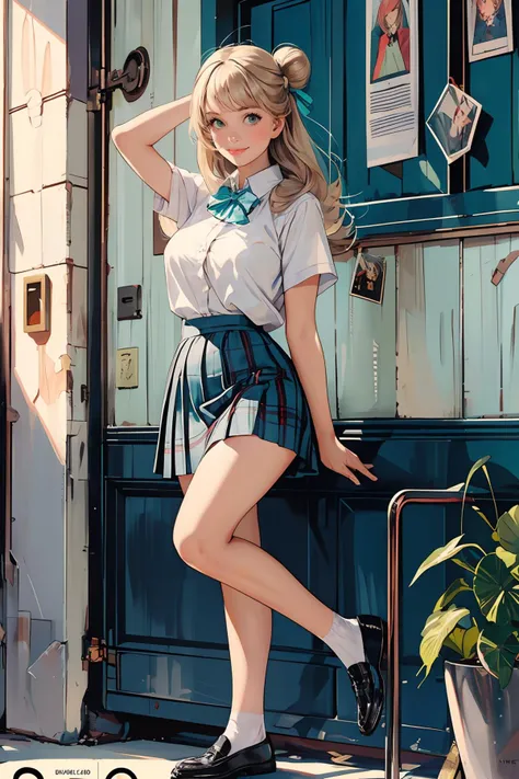 8k high quality detailed,highres,anime,comic,detailed image,
(an illustration of a age girl posing,(an illustration of girl,teengirl)),(magazine_illustration),(, style of Gil Elvgren),
(, nonomi,1girl,long hair,blonde|gray hair,id card,single hair bun,large breasts),(Cheerful Smile),detailed_face,
((arms_up):0.8),
((, suwwer_schooluniform,bow, school uniform, white shirt, short sleeves, pleated skirt, collared shirt, black footwear, plaid, plaid skirt, white socks, loafers, shirt tucked in, green bowtie):0.85),(,realistic clothing texture,realistic_skin_texture),<lora:tbh149-:0.6>,<lora:izayoiNonomiV1:0.7>,<lora:summer_schooluniform:0.45>,<lora:more_details:0.2>