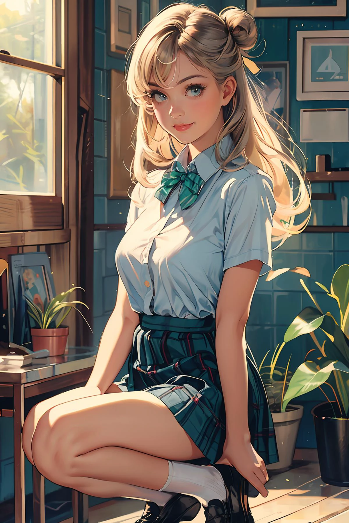 8k high quality detailed,highres,anime,comic,detailed image,
(an illustration of a age girl posing,(an illustration of girl,teengirl)),(magazine_illustration),(, style of Gil Elvgren),
(, nonomi,1girl,long hair,blonde|gray hair,id card,single hair bun,large breasts),(Playful Smile),detailed_face,
((fox shadow puppet):0.8),
((, suwwer_schooluniform,bow, school uniform, white shirt, short sleeves, pleated skirt, collared shirt, black footwear, plaid, plaid skirt, white socks, loafers, shirt tucked in, green bowtie):0.85),(,realistic clothing texture,realistic_skin_texture),<lora:tbh149-:0.6>,<lora:izayoiNonomiV1:0.7>,<lora:summer_schooluniform:0.45>,<lora:more_details:0.2>