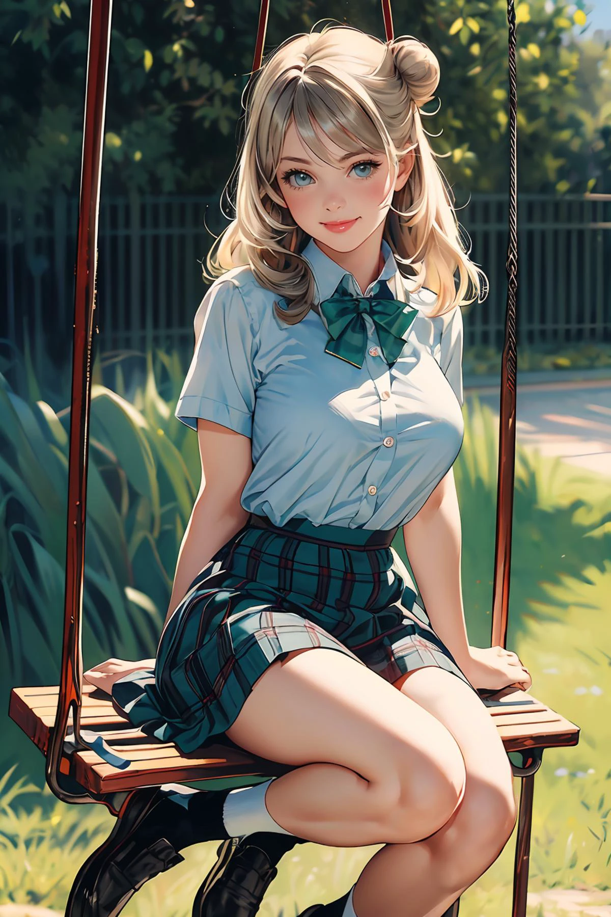 8k high quality detailed,highres,anime,comic,detailed image,
(an illustration of a age girl posing,(an illustration of girl,teengirl)),(magazine_illustration),(, style of Gil Elvgren),
(, nonomi,1girl,long hair,blonde|gray hair,id card,single hair bun,large breasts),(Evil Smile),detailed_face,
((Seated on a swing, looking playful,):0.8),
((, suwwer_schooluniform,bow, school uniform, white shirt, short sleeves, pleated skirt, collared shirt, black footwear, plaid, plaid skirt, white socks, loafers, shirt tucked in, green bowtie):0.85),(,realistic clothing texture,realistic_skin_texture),<lora:tbh149-:0.6>,<lora:izayoiNonomiV1:0.7>,<lora:summer_schooluniform:0.45>,<lora:more_details:0.2>