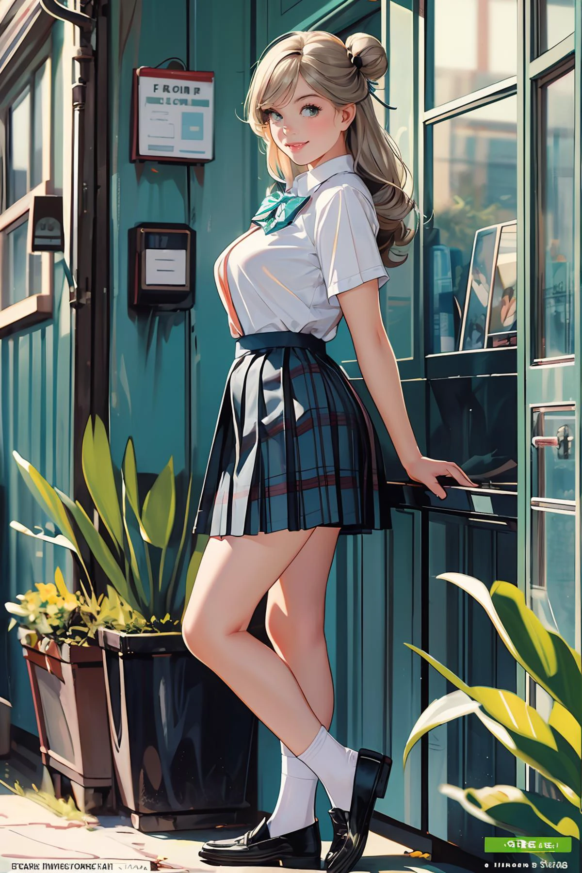 8k high quality detailed,highres,anime,comic,detailed image,
(an illustration of a age girl posing,(an illustration of girl,teengirl)),(magazine_illustration),(, style of Gil Elvgren),
(, nonomi,1girl,long hair,blonde|gray hair,id card,single hair bun,large breasts),(Affectionate Smile),detailed_face,
((Looking over the shoulder, looking back,):0.8),
((, suwwer_schooluniform,bow, school uniform, white shirt, short sleeves, pleated skirt, collared shirt, black footwear, plaid, plaid skirt, white socks, loafers, shirt tucked in, green bowtie):0.85),(,realistic clothing texture,realistic_skin_texture),<lora:tbh149-:0.6>,<lora:izayoiNonomiV1:0.7>,<lora:summer_schooluniform:0.45>,<lora:more_details:0.2>