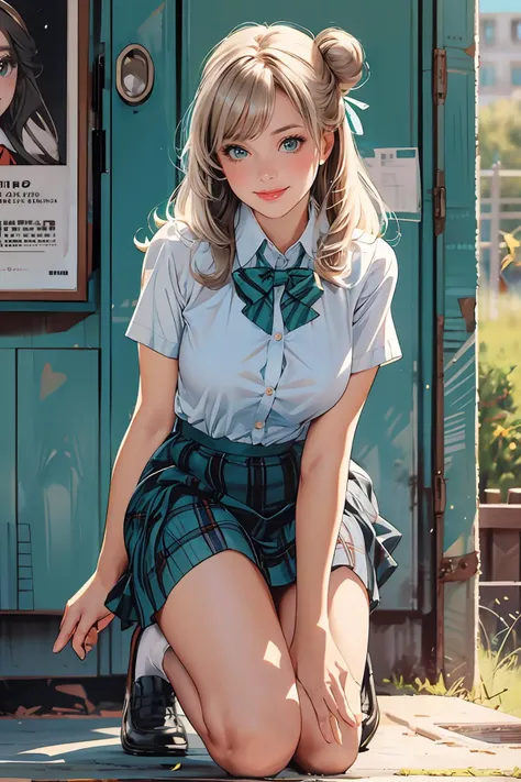 8k high quality detailed,highres,anime,comic,detailed image,
(an illustration of a teenage girl posing,(an illustration of girl,teenage girl)),(magazine_illustration),(, style of Gil Elvgren),
(, nonomi,1girl,long hair,blonde|gray hair,id card,single hair bun,large breasts),(Playful Smile),detailed_face,
((Kneeling with one hand on the ground, looking like a noble warrior,):0.8),
((, suwwer_schooluniform,bow, school uniform, white shirt, short sleeves, pleated skirt, collared shirt, black footwear, plaid, plaid skirt, white socks, loafers, shirt tucked in, green bowtie):0.85),(,realistic clothing texture,realistic_skin_texture),<lora:tbh149-:0.6>,<lora:izayoiNonomiV1:0.7>,<lora:summer_schooluniform:0.45>,<lora:more_details:0.2>