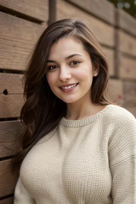 closeup headshot of <lora:Cheryl Ann:0.8> cherann1 , an attractive woman, in front of a (timber-wall:1.1),wearing a (sweater:1.1),(smiling),(4k, RAW photo, best quality, depth of field, ultra high res:1.1),(absurdres, intricate, photorealistic, masterpiece, ultra-detailed:1.1), huge breasts in sweater