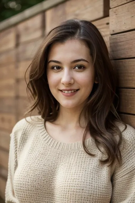 closeup headshot of <lora:Cheryl Ann:0.8> cherann1 , an attractive woman, in front of a (timber-wall:1.1),wearing a (sweater:1.1),(smiling),(4k, RAW photo, best quality, depth of field, ultra high res:1.1),(absurdres, intricate, photorealistic, masterpiece, ultra-detailed:1.1), huge breasts in sweater
