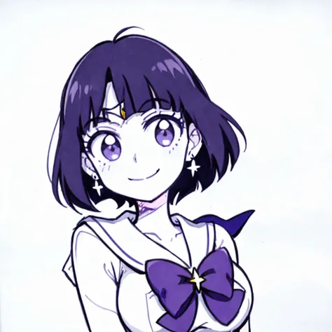 <lora:sailor_saturn:1> sailor saturn, 1girl, night sky, solo, mature, 30 year old, full moon, bowtie, short straight hair, bob_cut, upper body, seductive smile, (white serafuku:1.3), blue sailor collar, <lora:Bruc3T1mm:0.1> timm style <lora:Shon_Howell_Pinup_Style:0.5>, 1girl, shon_howell_style, linework, solo, traditional media, smile, breasts, very colorful,