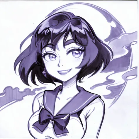 <lora:sailor_saturn:1> sailor saturn, 1girl, night sky, solo, mature, 30 year old, full moon, bowtie, short straight hair, bob_cut, upper body, seductive smile, (white serafuku:1.3), blue sailor collar, <lora:Bruc3T1mm:0.6> timm style <lora:Shon_Howell_Pinup_Style:0.5>, 1girl, shon_howell_style, linework, solo, traditional media, smile, breasts, very colorful,