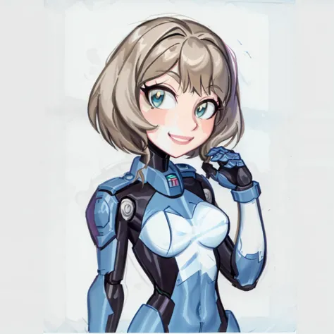 <lora:mecha_offset:1> mecha musume,  (plugsuit:0.2), mechanical_parts, robot_joints, (small breasts:1.5), (toned), abs, water, waves, mature 30 year old 1girl,  timmstyle,  <lora:Bruc3T1mm:0.7> upper body <lora:Shon_Howell_Pinup_Style:0.6> 1girl, shon_howell_style, linework, solo, traditional media, makeup, smile, breasts, very colorful,    big_eyes, bob_cut, dark hair