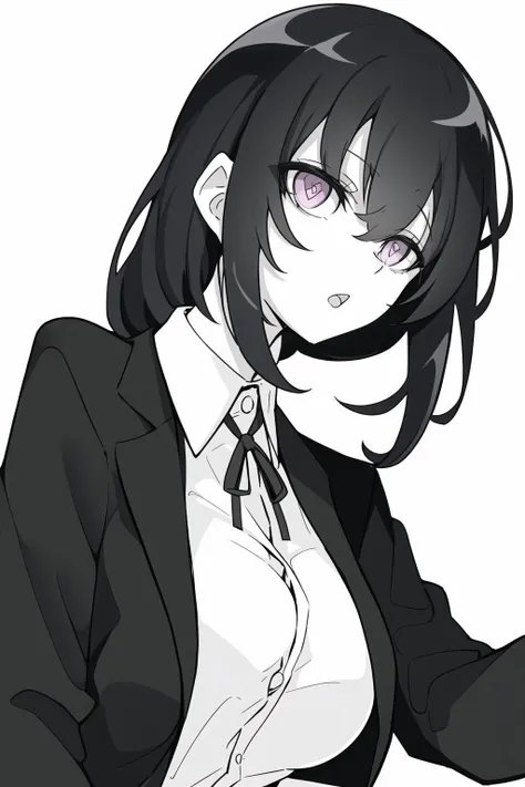 1girl,heart-shaped pupils,ahegao, 
primary colors Side-swept,Dress shirt,monochromatic =bangs,