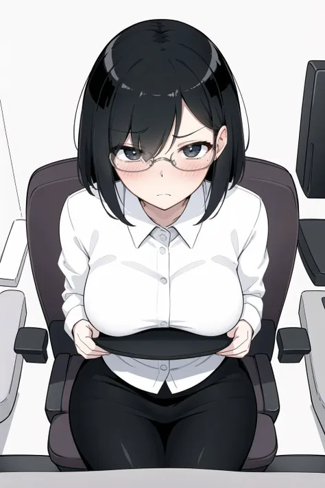 short hair,Black hair,Bangs cover your eyes,The Office Girl,Short Skirt,black silk stockings,sitting in an office chair,Computer,Office,Look up perspective,white shirt,Blush,Awkward,black frame glasses,unhappy,