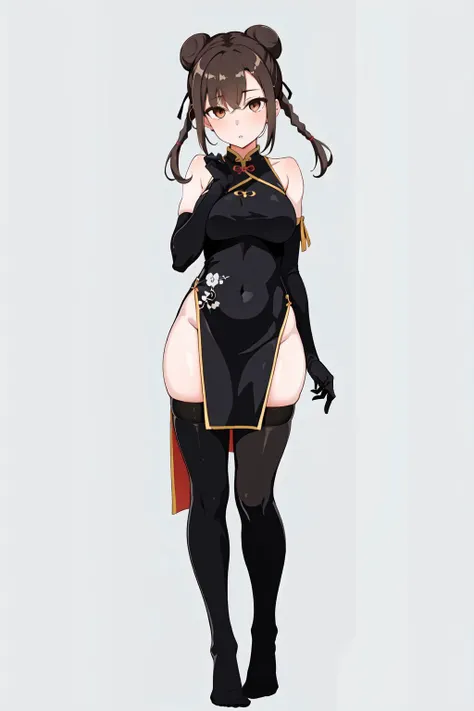 (1girl:1.2),(solo:1.2),chinese clothes,brown hair,dress,braid,hair bun,asymmetrical clothes,china dress,double bun,thighhighs,brown eyes,gloves,full body,asymmetrical legwear,standing,breasts,twin braids,uneven legwear,single thighhigh,clenched hands,(simple background:1.2),bun cover,looking at viewer,