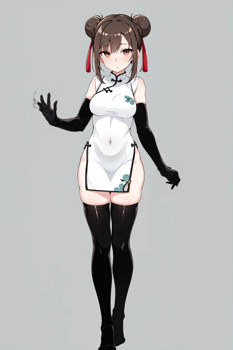 (1girl:1.2),(solo:1.2),chinese clothes,brown hair,dress,braid,hair bun,asymmetrical clothes,china dress,double bun,thighhighs,brown eyes,gloves,full body,asymmetrical legwear,standing,breasts,twin braids,uneven legwear,single thighhigh,clenched hands,(simple background:1.2),bun cover,looking at viewer,