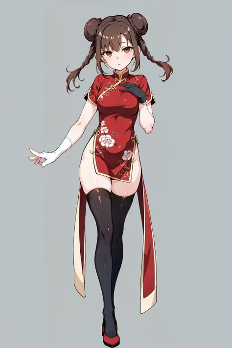 (1girl:1.2),(solo:1.2),chinese clothes,brown hair,dress,braid,hair bun,asymmetrical clothes,china dress,double bun,thighhighs,brown eyes,gloves,full body,asymmetrical legwear,standing,breasts,twin braids,uneven legwear,single thighhigh,clenched hands,(simple background:1.2),bun cover,looking at viewer,