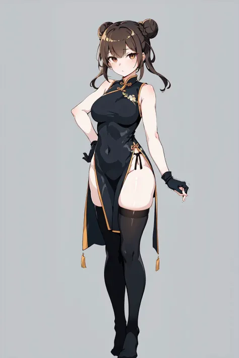 (1girl:1.2),(solo:1.2),chinese clothes,brown hair,dress,braid,hair bun,asymmetrical clothes,china dress,double bun,thighhighs,brown eyes,gloves,full body,asymmetrical legwear,standing,breasts,twin braids,uneven legwear,single thighhigh,clenched hands,(simple background:1.2),bun cover,looking at viewer,