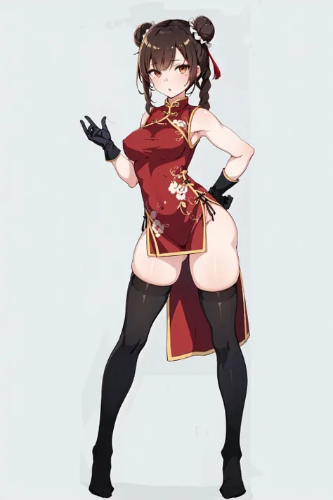 (1girl:1.2),(solo:1.2),chinese clothes,brown hair,dress,braid,hair bun,asymmetrical clothes,china dress,double bun,thighhighs,brown eyes,gloves,full body,asymmetrical legwear,standing,breasts,twin braids,uneven legwear,single thighhigh,clenched hands,(simple background:1.2),bun cover,looking at viewer,