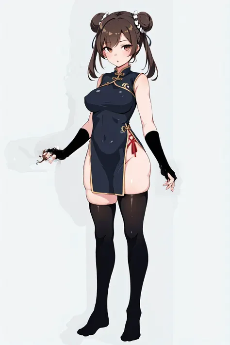 (1girl:1.2),(solo:1.2),chinese clothes,brown hair,dress,braid,hair bun,asymmetrical clothes,china dress,double bun,thighhighs,brown eyes,gloves,full body,asymmetrical legwear,standing,breasts,twin braids,uneven legwear,single thighhigh,clenched hands,(simple background:1.2),bun cover,looking at viewer,
