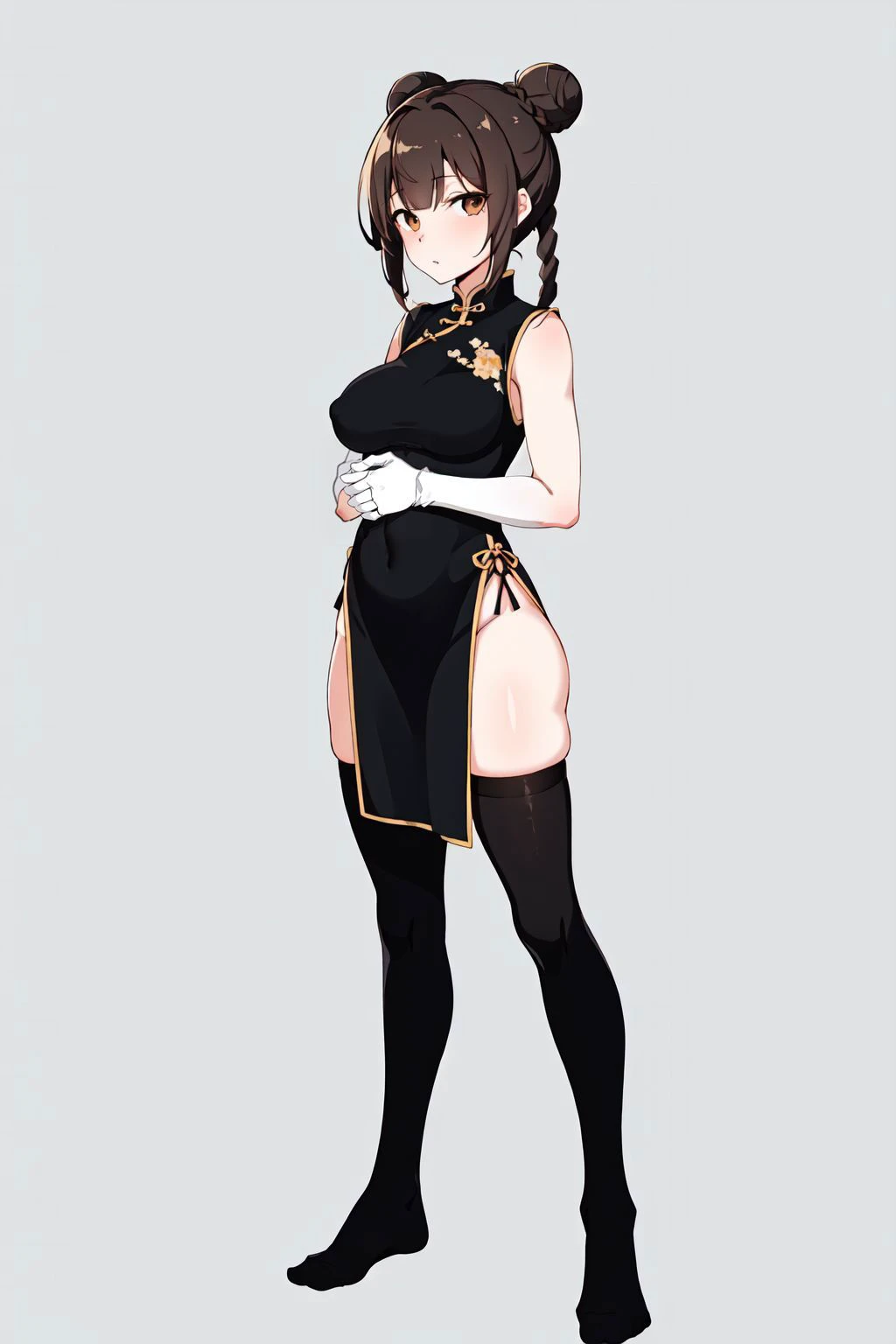 (1girl:1.2),(solo:1.2),chinese clothes,brown hair,dress,braid,hair bun,asymmetrical clothes,china dress,double bun,thighhighs,brown eyes,gloves,full body,asymmetrical legwear,standing,breasts,twin braids,uneven legwear,single thighhigh,clenched hands,(simple background:1.2),bun cover,looking at viewer,
