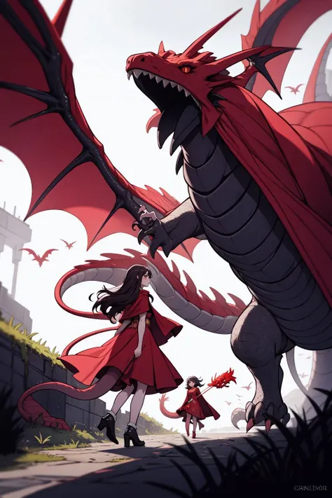 a woman in a red dress is walking next to a dragon with a long tail and a red cape, (Cedric Peyravernay:0.161), (mars ravelo and greg rutkowski:0.556), (concept art:0.429), (fantasy art:0.578)