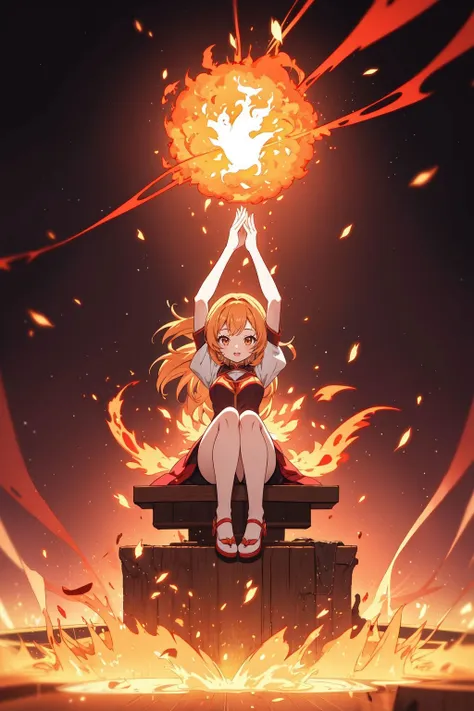 Step into a captivating scene featuring an anime girl seated on a floating platform, as vibrant fire particles ignite the air around her, creating a dazzling and dynamic atmosphere. The creative lighting style bathes her in a radiant, fiery glow, harmonizing with the swirling fire particles. Crafted with exquisite detail and rendered in breathtaking 10k high resolution, this masterpiece blends the art mediums of digital illustration, fire effects, particle simulation, and post-processing techniques. Drawing inspiration from the styles of Anime, Mystical Realism, and Contemporary Surrealism, it captures the fiery and ethereal beauty of an anime girl amidst the dancing flames, where fire particles elevate the sense of magic and wonder.