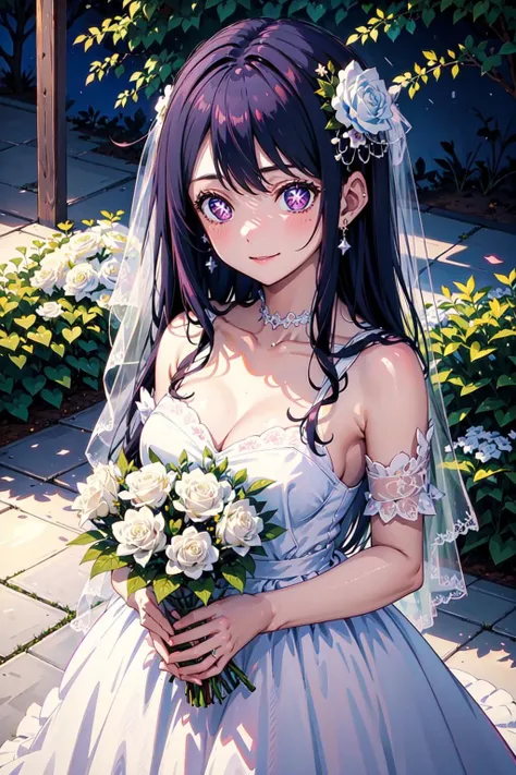 (((masterpiece))), AiHoshino, 1girl, solo, long hair, looking at viewer, blush, smile, large breasts, black hair, hair ornament, dress, holding, cleavage, bare shoulders, jewelry, closed mouth, purple eyes, collarbone, purple hair, flower, earrings, outdoors, hair flower, white dress, blurry, blurry background, rose, white flower, veil, +_+, bouquet, wedding dress, bush, bridal veil, star earrings, white rose, holding bouquet, bride, <lora:AiHoshino-05:0.6>